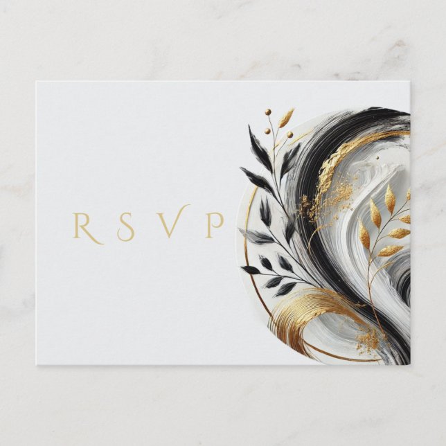 Postal Boda moderno RSVP blanco negro y oro- (Anverso)
