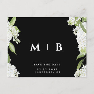 Postal Boda Monograma de Floral Blanca B/W Guardar la fec