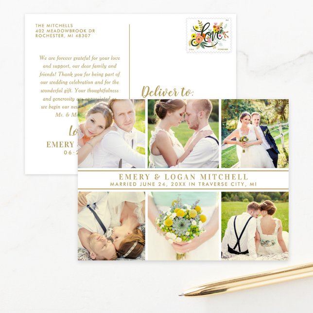 Postal Boda Monograma Dorado Collage de fotos Gracias (Subido por el creador)