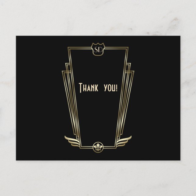 Postal Boda Monograma Real de Oro Art Deco Gracias (Anverso)