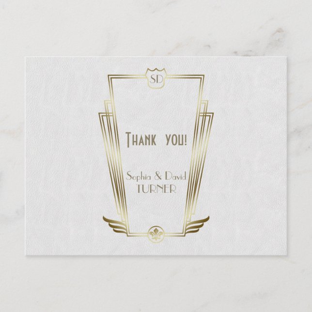 Postal Boda Monograma Real de Oro Art Deco Gracias (Anverso)