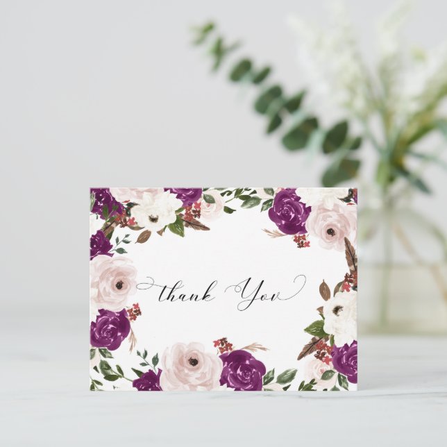 Postal Boda morado de Rubor rosado floral gracias (Anverso de pie)