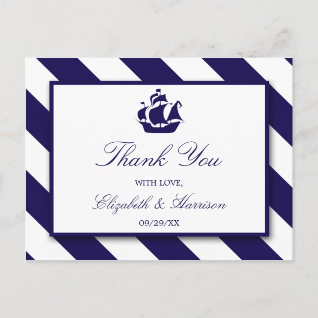 Postal Boda Nautical Stripes & Navy Blue Ship (Anverso)