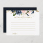 Postal Boda Navy Rubor Floral Gold<br><div class="desc">Esta tarjeta de consejo de boda dorado floral de color azul marino es perfecta para un boda rústico. El diseño está decorado con bonitos azules, azules, navales, rosas, ruidosas, doradas y verdes paisajes. Estas tarjetas son perfectas para un boda, una ducha de novia, una ducha de bebé, una fiesta de...</div>