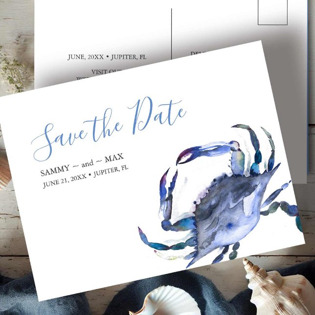 Postal Boda no fotográfica de playa Guardar las invitacio (beach wedding save the date postcards watercolor blue crab art by Victoria Grigaliunas DoTellABelle)