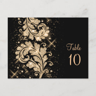 Postal Boda Número de Tabla Purpurina Floral Swirl Gold