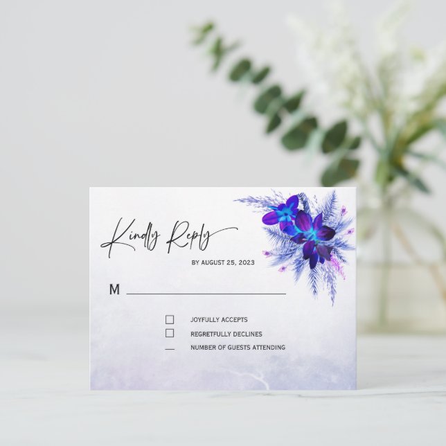 Postal Boda Orquídea Azul RSVP (Anverso de pie)
