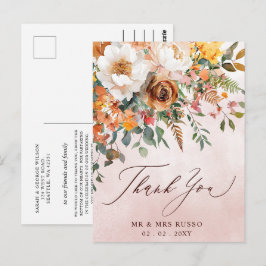 Postal Boda Otoño Floral Naranja Rústica Agradecimiento
