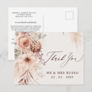 Postal Boda Otoño Floral Pampas Borgoña Agradecimiento