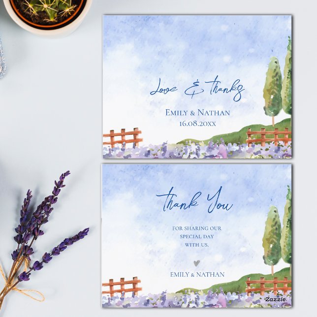 Postal Boda paisajista de los campos de lavanda suave Gra (Cute Lavender Fields Landscape Wedding Thank you Postcard)