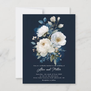 Postal Boda Peony azul y blanco