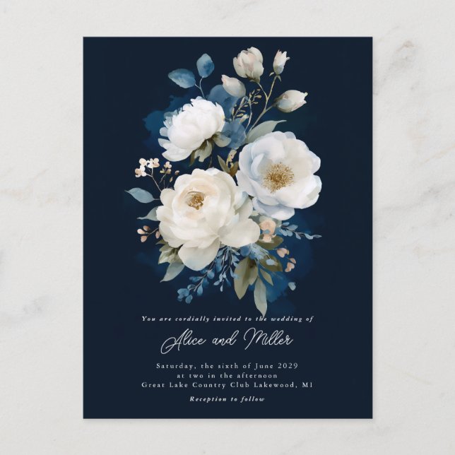 Postal Boda Peony azul y blanco (Anverso)