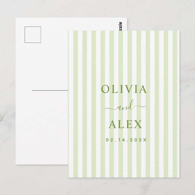 Postal Boda Personalizada Verde con Rayas Retro  (Anverso / Reverso)