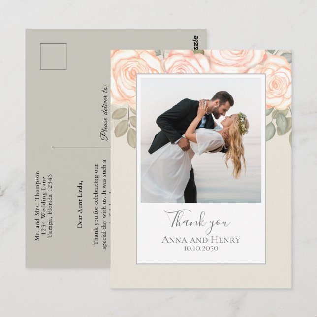 Postal Boda Photo Elegant Rubor Sage Gracias (Anverso / Reverso)