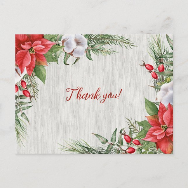 Postal Boda Poinsettia Roja Hojas Verdes  (Anverso)