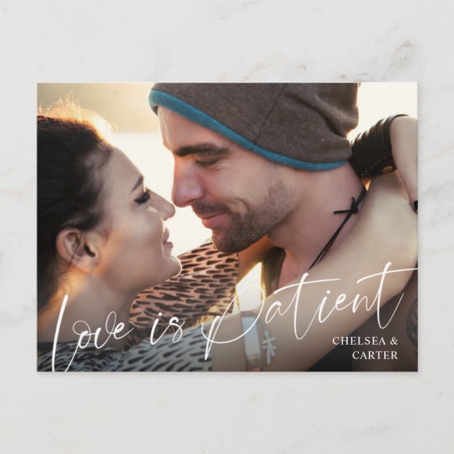 Postal Boda Posponed LOVE IS PACIENT Script Photo (Anverso)