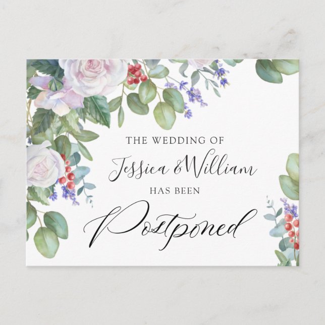Postal Boda pospuesto con fecha elegante Rosas azules (Anverso)