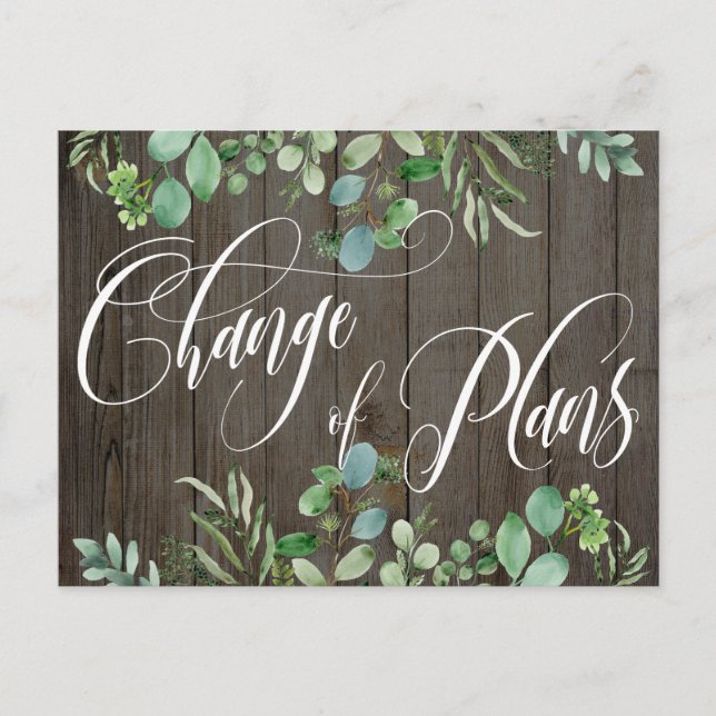 Postal Boda pospuesto de Eucalyptus Wood Change of Plans (Anverso)
