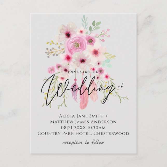 Postal Boda Presupuestario de Pink Mauve BOHO Floral Feat (Anverso)
