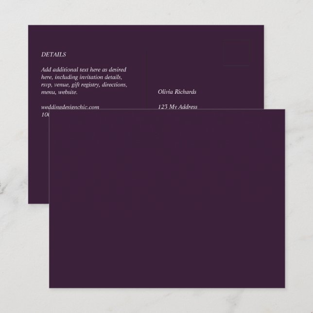Postal BODA PRESUPUESTARIO PLUM PURPLE Monocromo Simple (Anverso / Reverso)