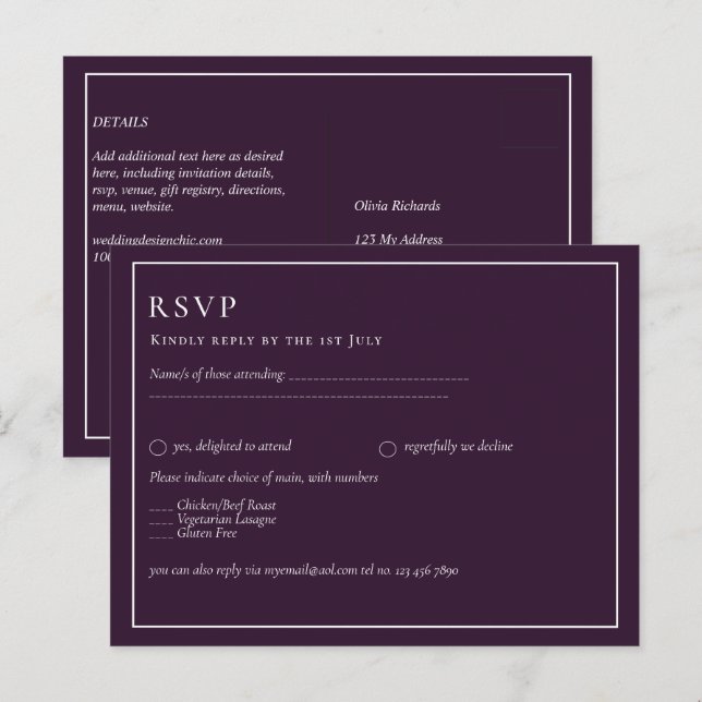 Postal BODA PRESUPUESTARIO PLUM PURPLE Monocromo Simple (Anverso / Reverso)