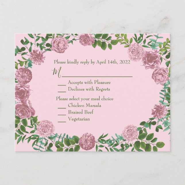 Postal Boda Primavera Jardín de Rosas Rosadas (Anverso)