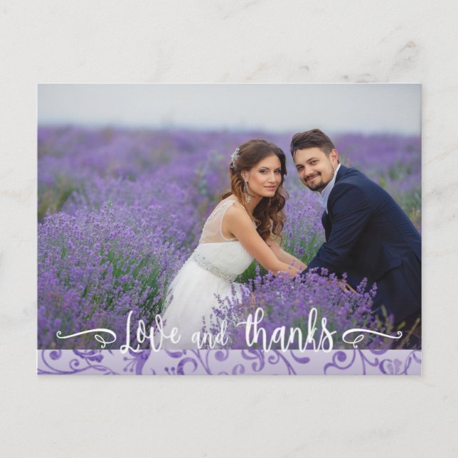 Postal Boda Purple Flourids. Gracias. (Anverso)