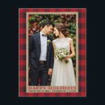 Postal Boda Red Plaid Foto Felices Fiestas Kraft<br><div class="desc">Boda rojo de búfalo colocado foto feliz vacaciones Kraft postal</div>