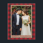 Postal Boda Red Plaid Foto Felices Fiestas Kraft<br><div class="desc">Boda rojo de búfalo colocado foto feliz vacaciones Kraft postal</div>