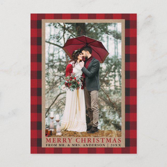 Postal Boda Red Plaid foto Merry Christmas Kraft (Anverso)