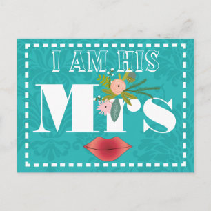 Postal Boda Retro Verde azulada de Damasco Rojo de Coral