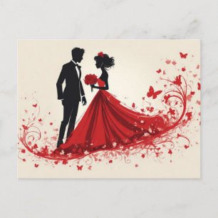 Postal Boda Romántica en Rojo Silueta de Novia y Novio