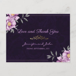 Postal Boda Romántico de acuarela Púrpura Gracias