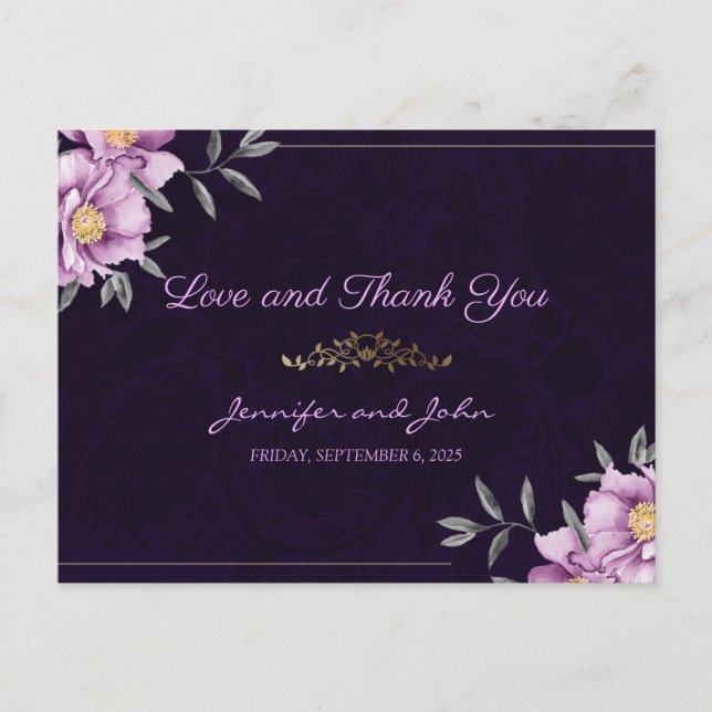 Postal Boda Romántico de acuarela Púrpura Gracias (Anverso)