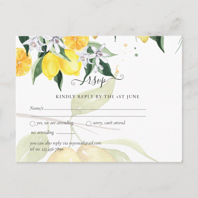 Postal Boda RSVP de árbol de limón moderno (Anverso)