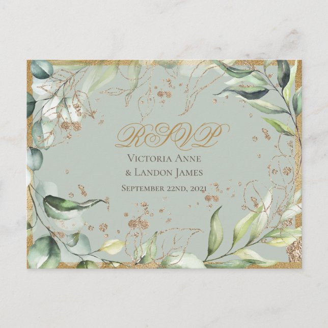 Postal Boda RSVP de la caligrafía de oro de la vegetación (Anverso)