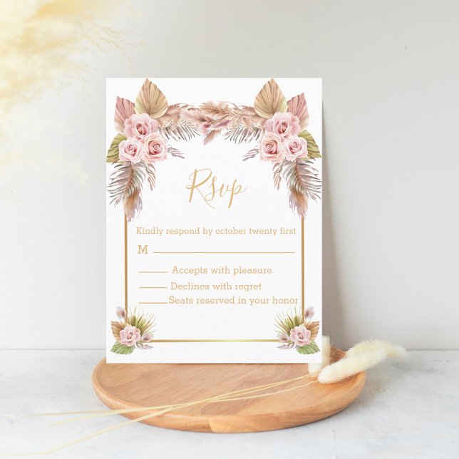 Postal boda rsvp del guión de oro tropical floral de boho (Subido por el creador)