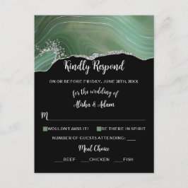 Postal Boda RSVP Verde Agate Purpurina de plata en negro