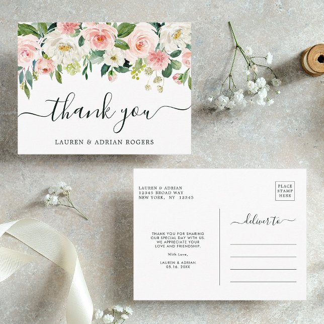 Postal Boda Rubor Pink Bloom Gracias (Front & Back)