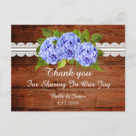 Postal Boda Rustic Blue Hydrangea Gracias Postcard
