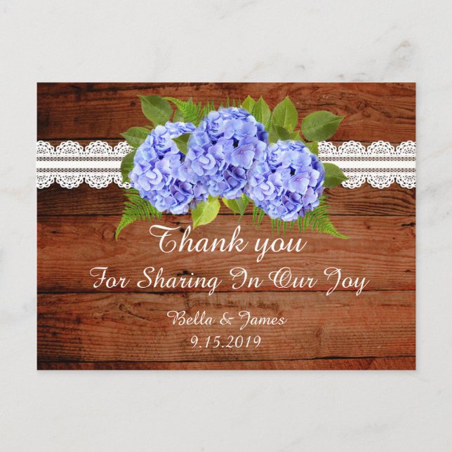 Postal Boda Rustic Blue Hydrangea Gracias Postcard (Anverso)