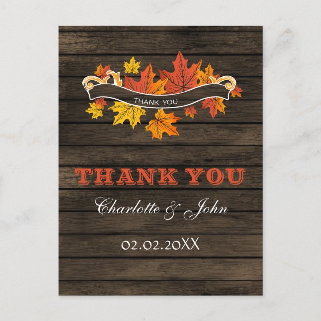 Postal Boda Rustic Fall de Barnwood Gracias (Anverso)