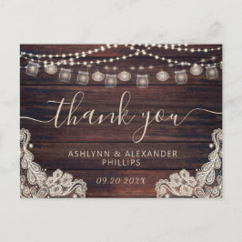 Postal Boda Rustic Wood Lights Jars Lace Gracias