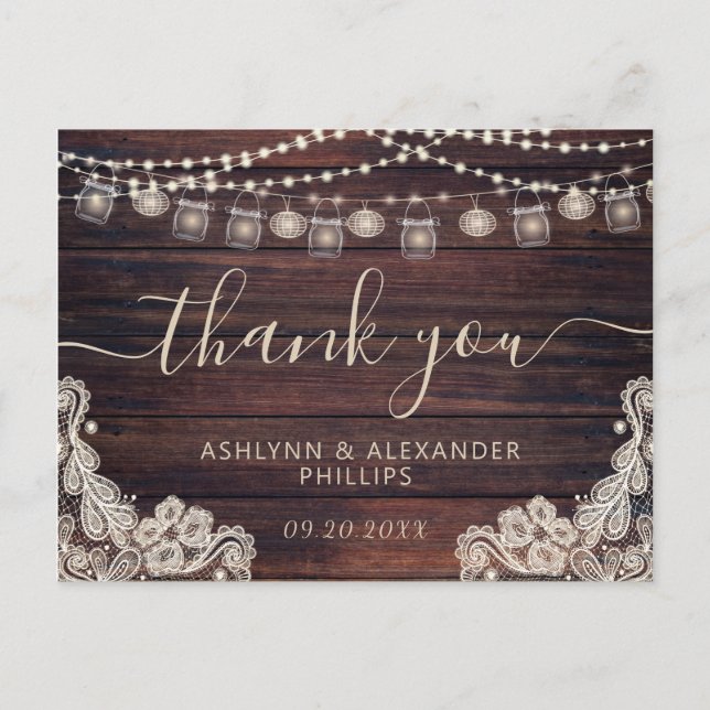 Postal Boda Rustic Wood Lights Jars Lace Gracias (Anverso)
