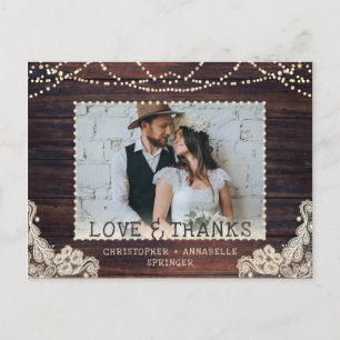 Postal Boda Rustic Wood String Lights Foto Gracias