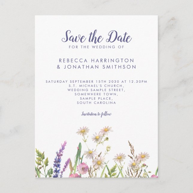 Postal Boda Rustica De Flor Silvestre Púrpura Salva La Fe (Anverso)