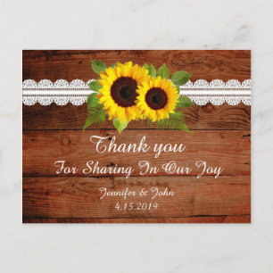 Postal Boda Rústico de Sunflowers Lace Gracias Postcard