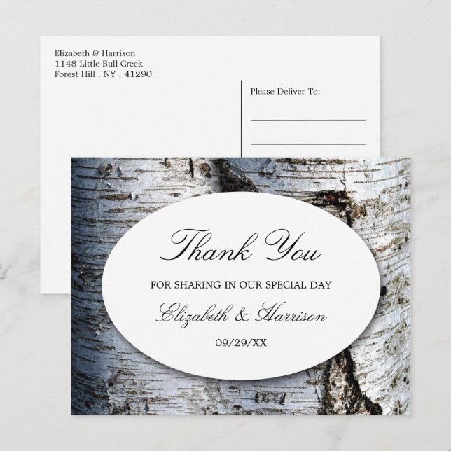 Postal Boda Rústico del Árbol de Birch del País Gracias (Anverso / Reverso)