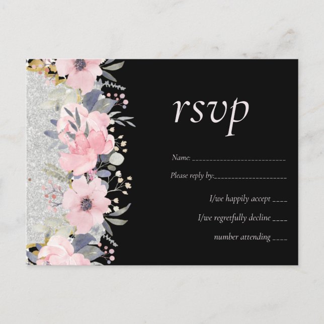Postal BODA - Silver Rosegold Floral Girly Purpurina (Anverso)