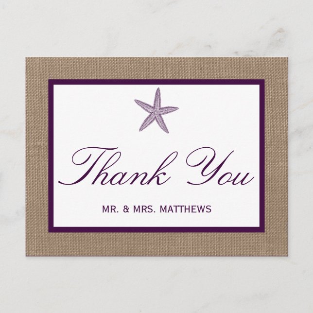 Postal Boda Starfish Burlap Beach | Elegir su color (Anverso)